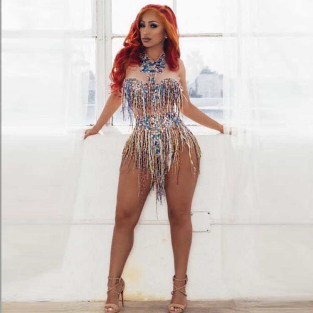 Angel Brinks Rhinestone Fringe Birthday Bodysuit